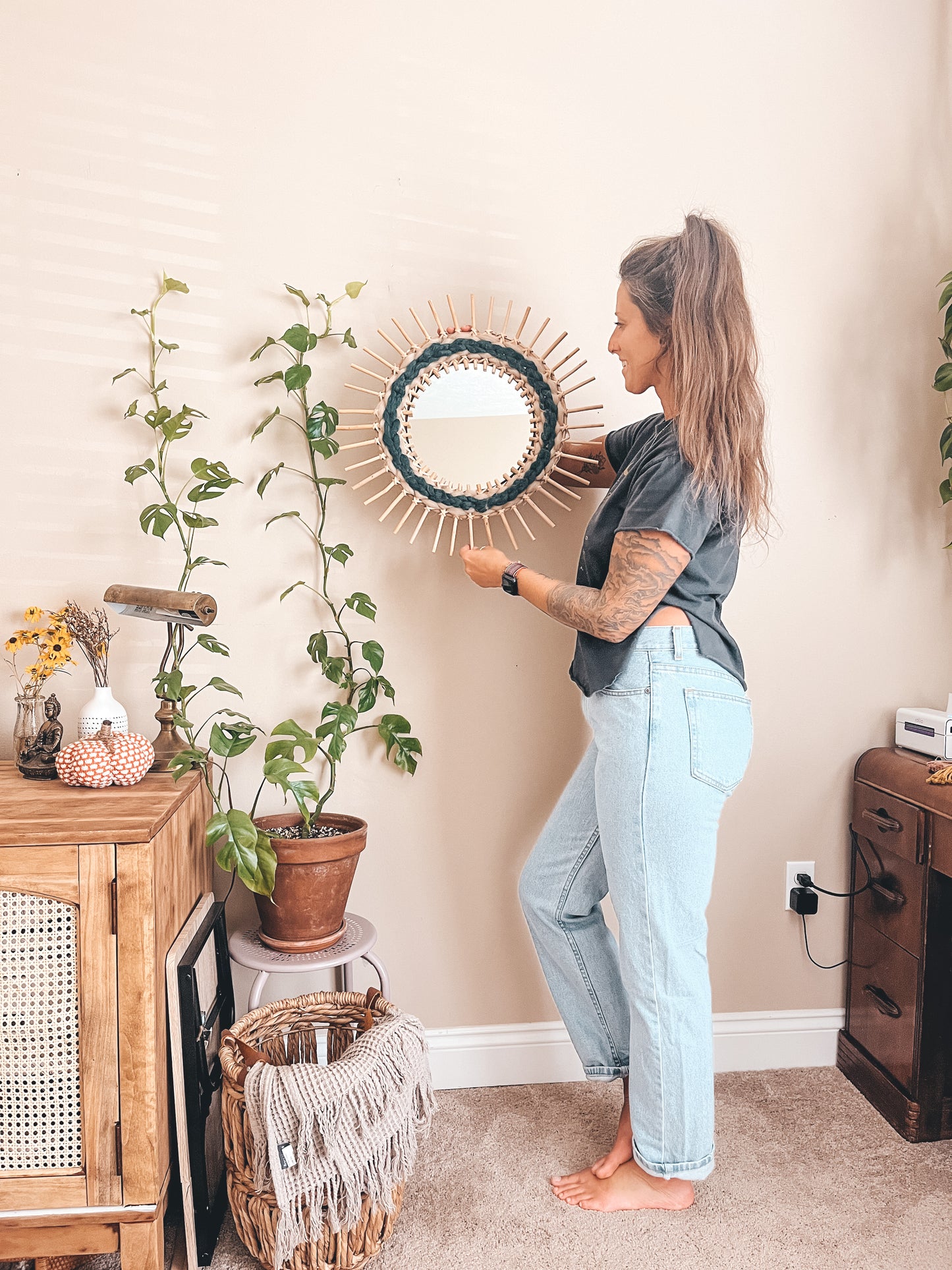 Woven rattan mirror